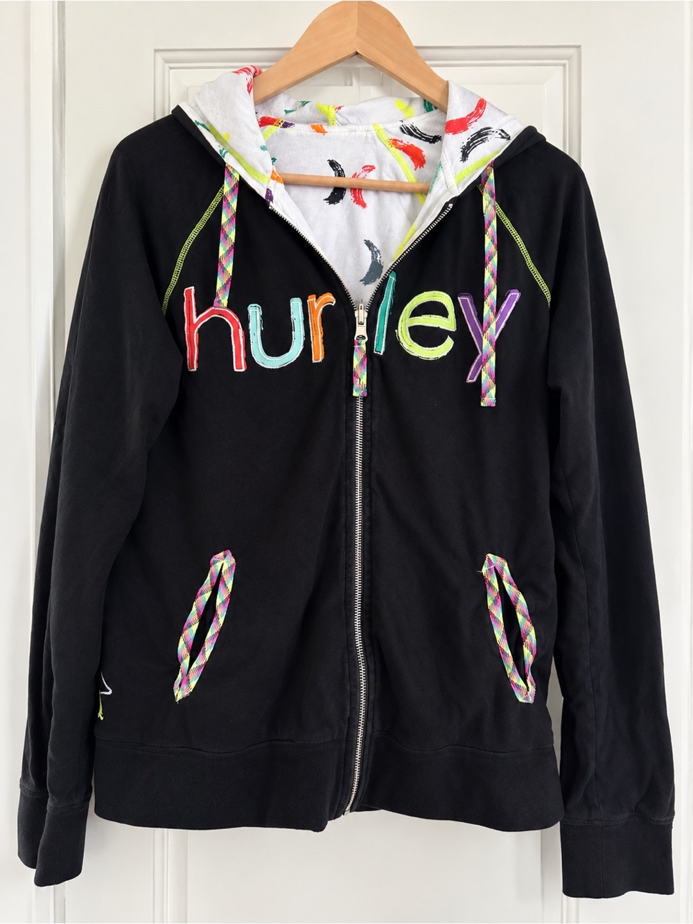 Vintage Women’s Hurley Black Hoodie with Multicolor Logo, size medium